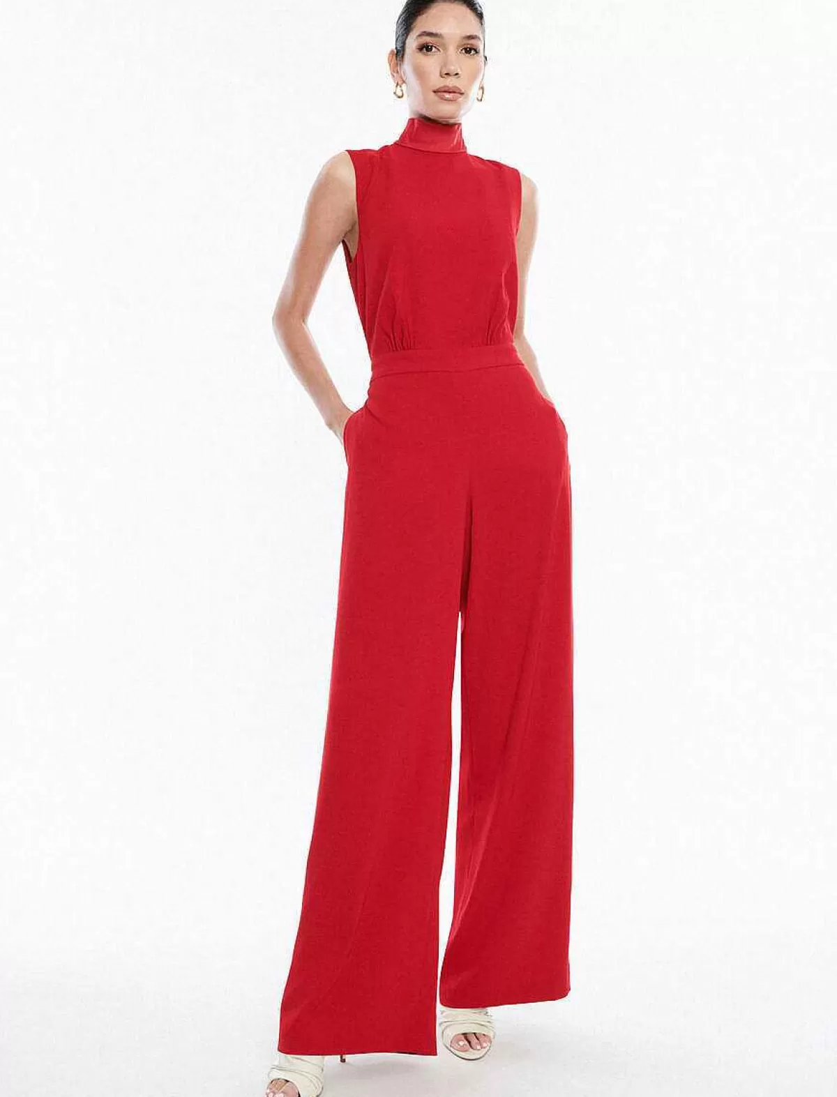 Fashion Jumpsuit Cuello Alto Pierna Ancha Con Lazo Women Jumpsuits Rompers