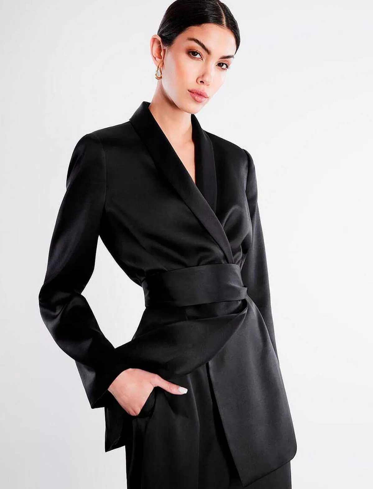 Best Satin Smocking Blazer Lazo On Waist Women Outerwear